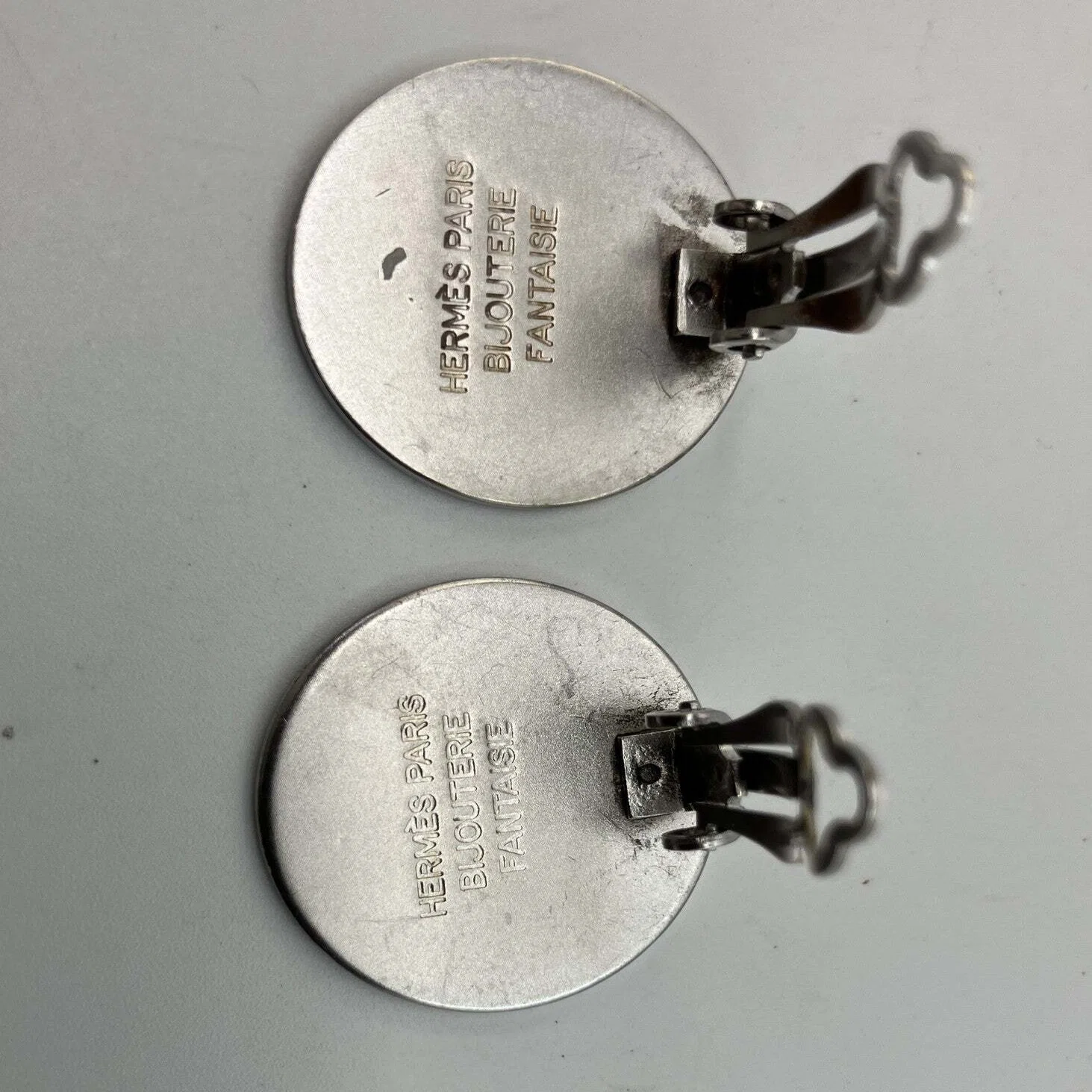 HERMES Sellier Button Clip-On Earrings Silver Tone 2cm Pair 