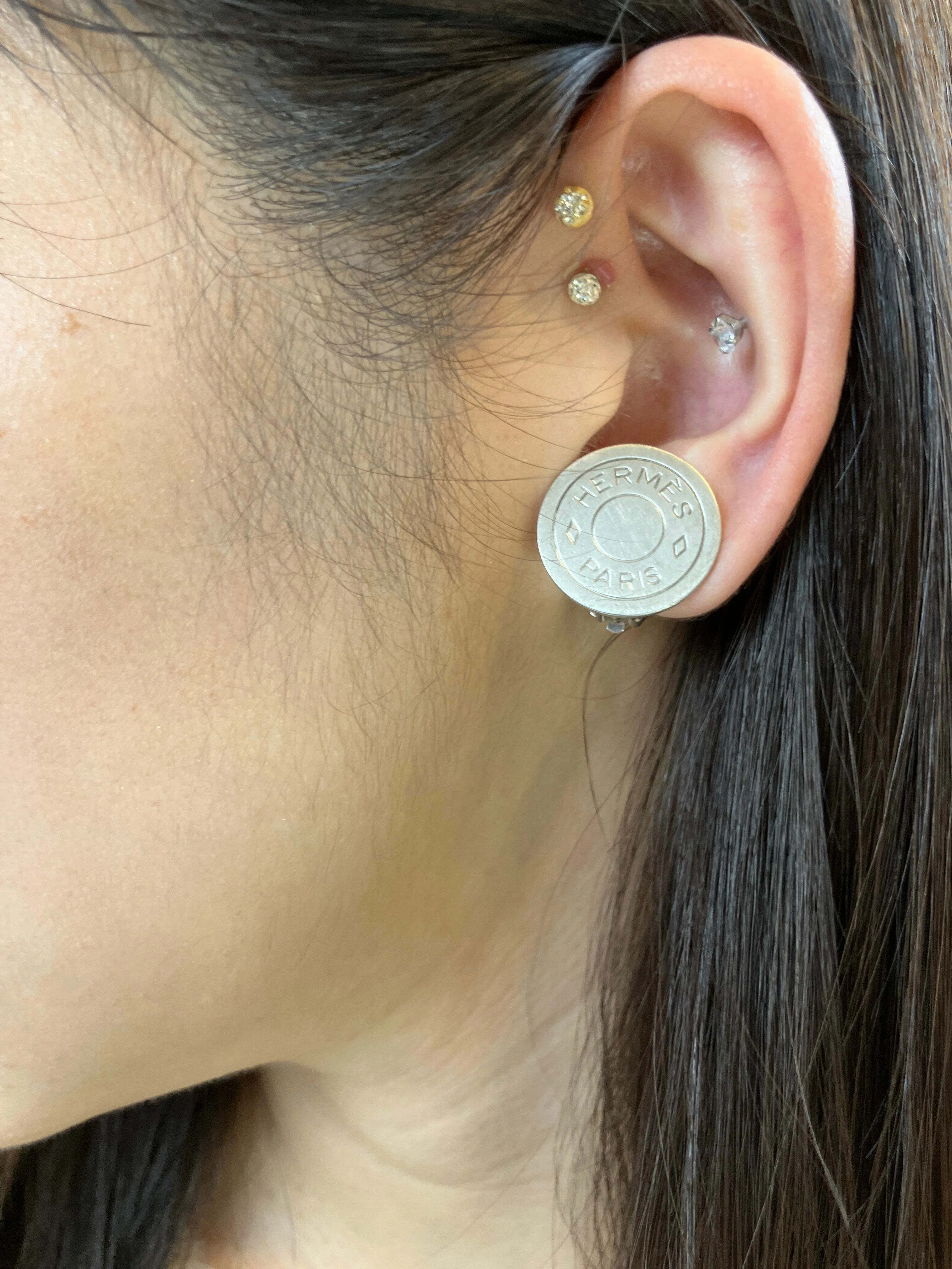 HERMES Sellier Button Clip-On Earrings Silver Tone 2cm Pair 