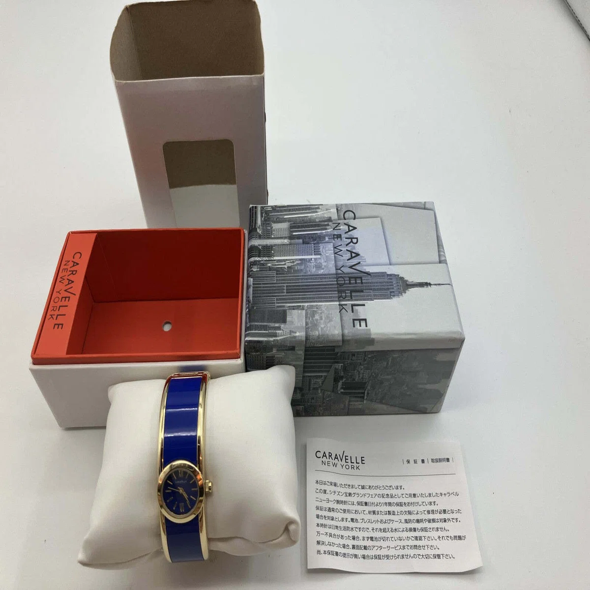 Caravelle New York Quartz Bangle Watch Blue Dial Gold Tone Boxed 