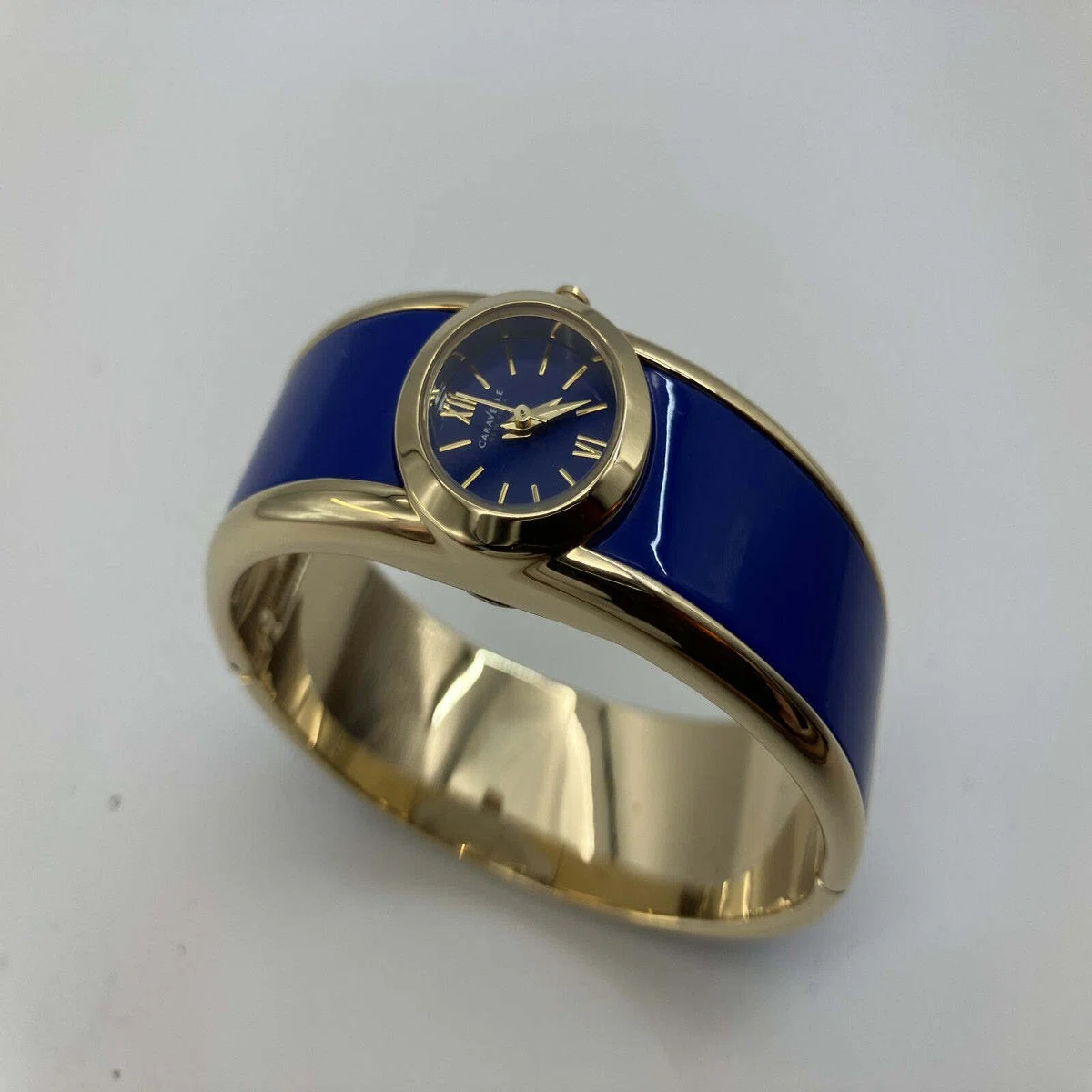 Caravelle New York Quartz Bangle Watch Blue Dial Gold Tone Boxed 