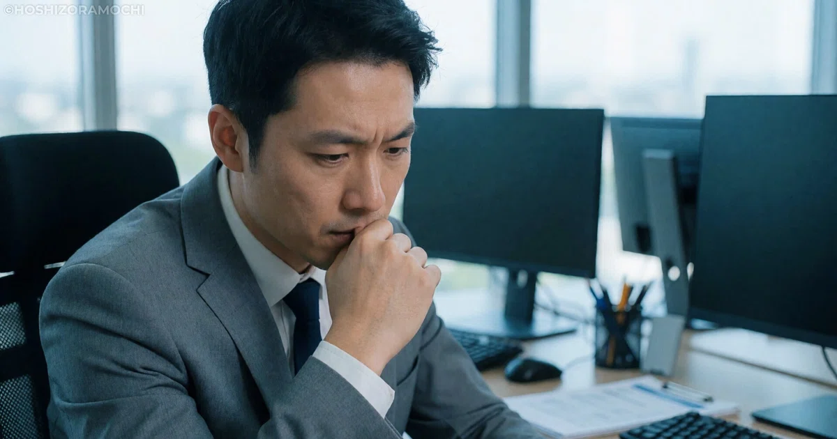 オフィスで自分の口元に手を当てて不安そうな表情で息のニオイを気にするスーツ姿の男性の画像