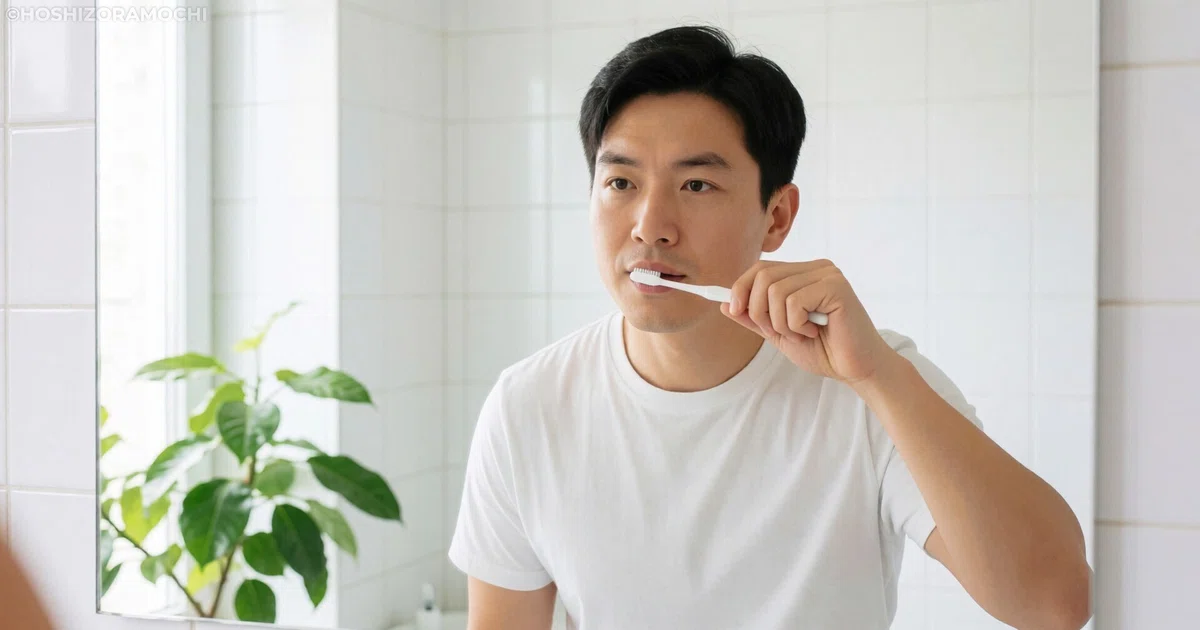 朝の明るいバスルームで白いTシャツを着て真剣に歯を磨く若い男性の画像