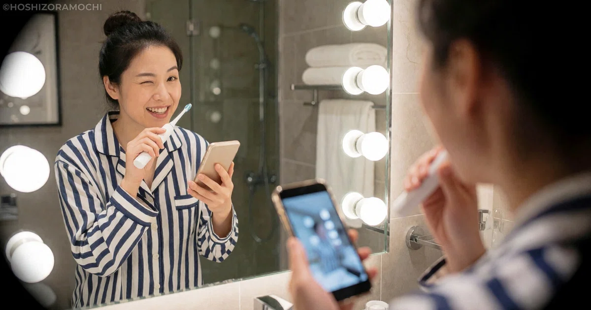 ホテルの洗面所の鏡の前でお団子ヘアにして楽しそうに歯を磨く女性の画像