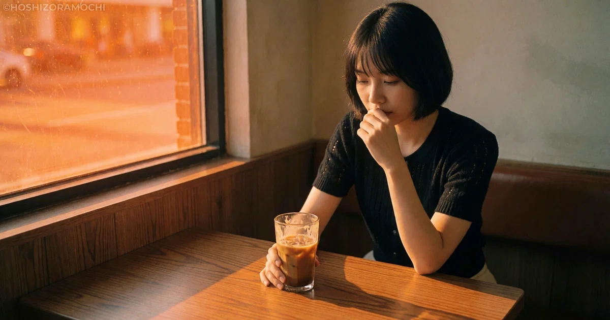 夕方のカフェの窓際で口元に手を当てて伏し目がちに悩む黒髪ボブの女性の画像