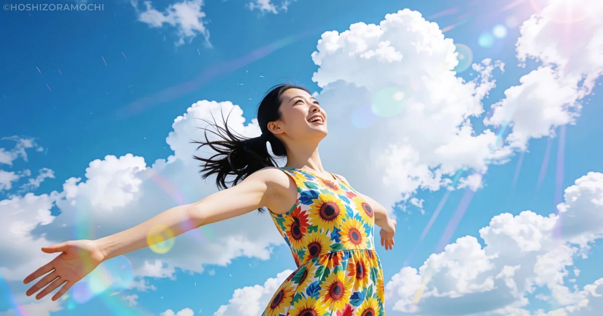 夏の青空の下で両手を広げて最高の笑顔で飛び跳ねるひまわり柄ワンピースの女性の画像