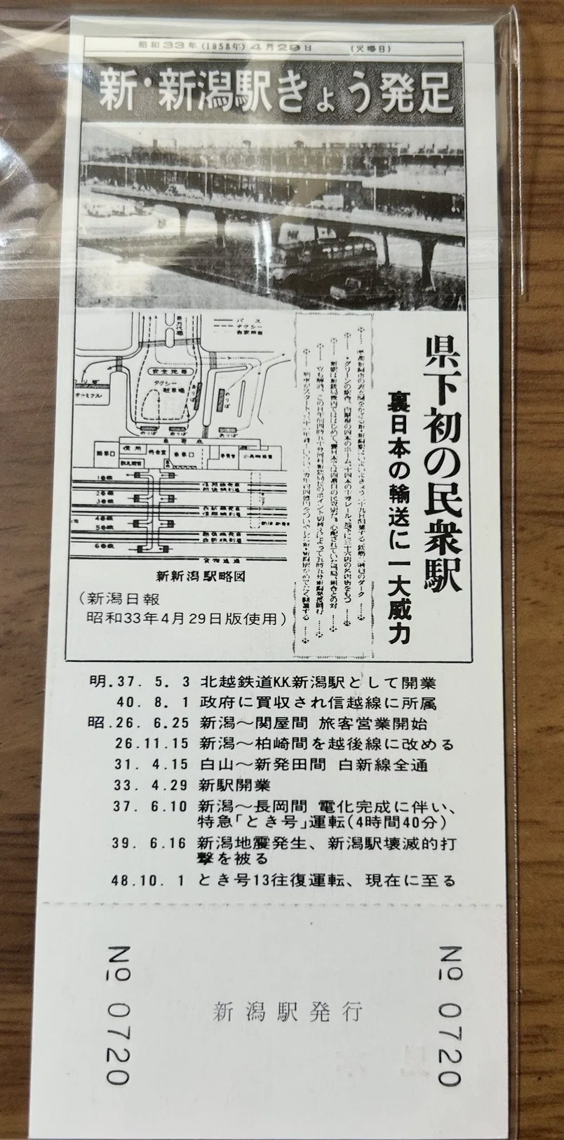 新駅開業20周年記念急行券』🚉新潟鉄道管理局 発行／昭和53年（1978年