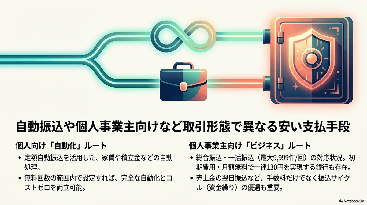 自動振込や個人事業主向けなど取引形態で異なる安い支払手段