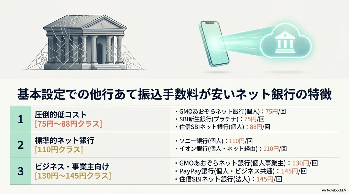 基本設定での他行あて振込手数料が安いネット銀行の特徴