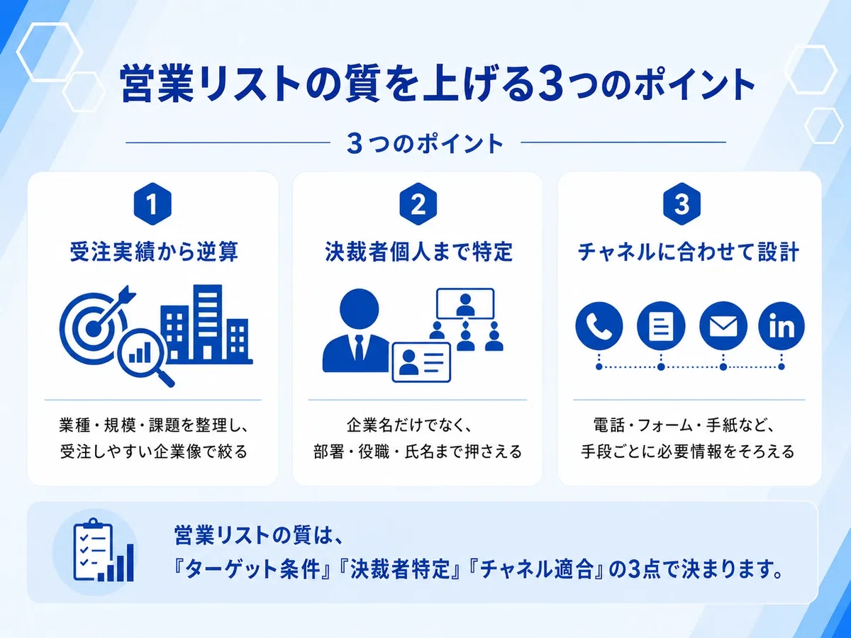 営業リストの質を上げる3つのポイントを解説した図解