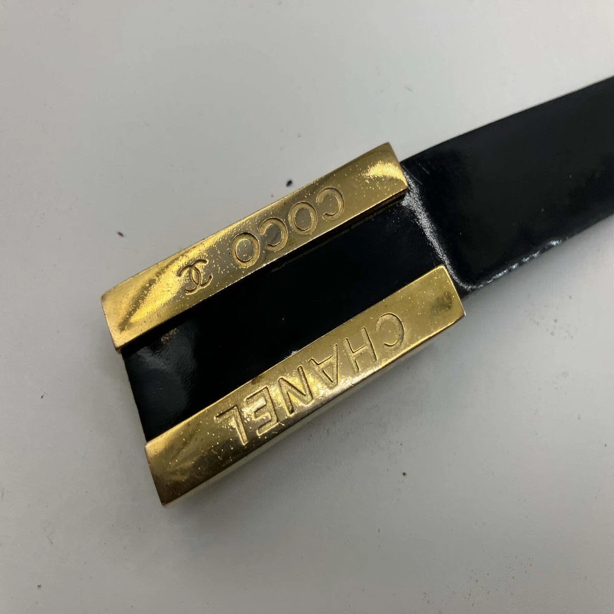 CHANEL Logo Plate Leather Belt Black Gold Tone Ladies 76.5cm 