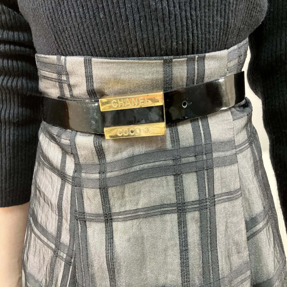CHANEL Logo Plate Leather Belt Black Gold Tone Ladies 76.5cm 