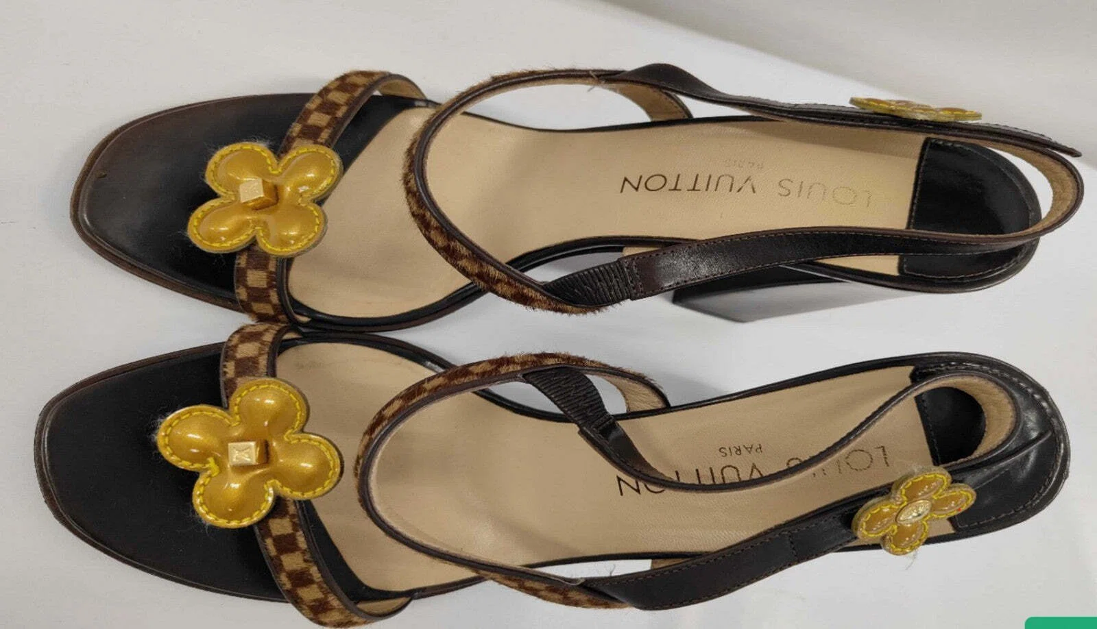 Louis Vuitton Damier Flower Sandals 37 Brown Block Heel Slingback