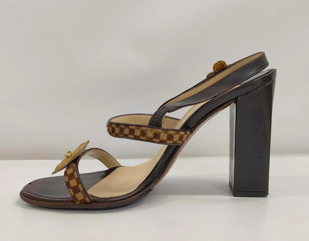 Louis Vuitton Damier Flower Sandals 37 Brown Block Heel Slingback
