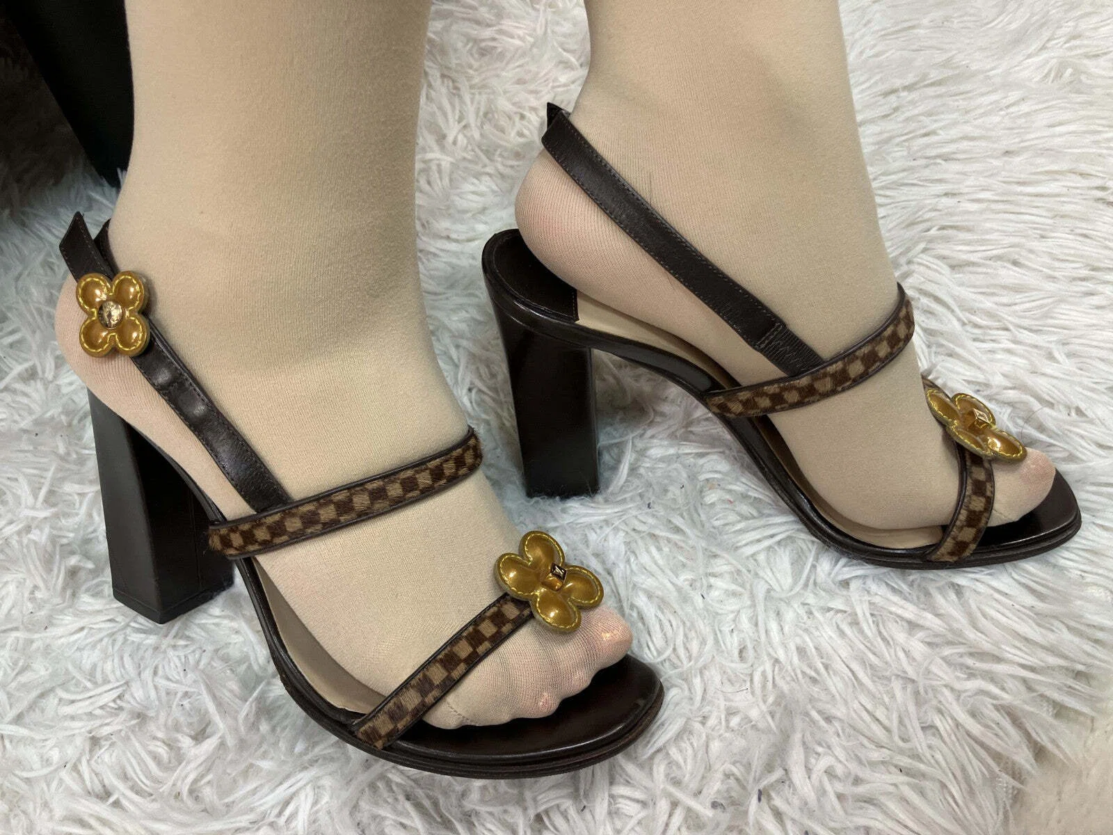Louis Vuitton Damier Flower Sandals 37 Brown Block Heel Slingback