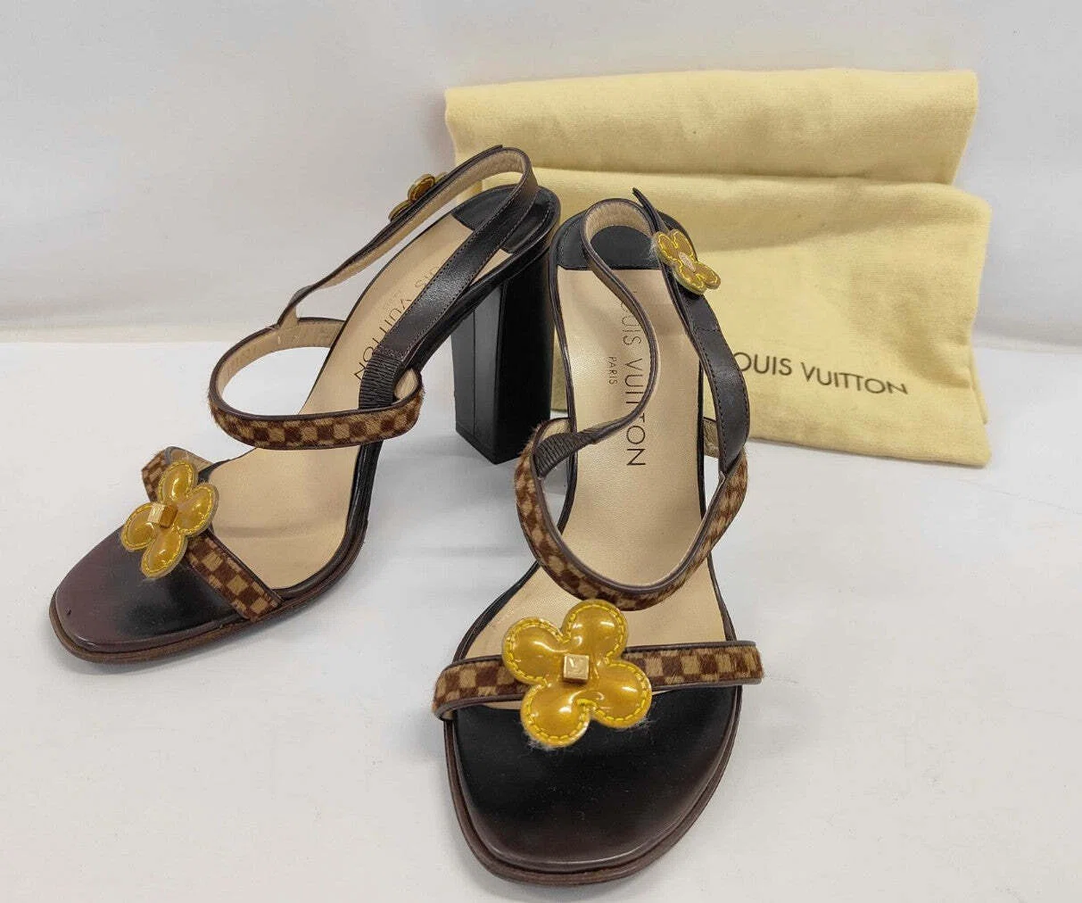 Louis Vuitton Damier Flower Sandals 37 Brown Block Heel Slingback