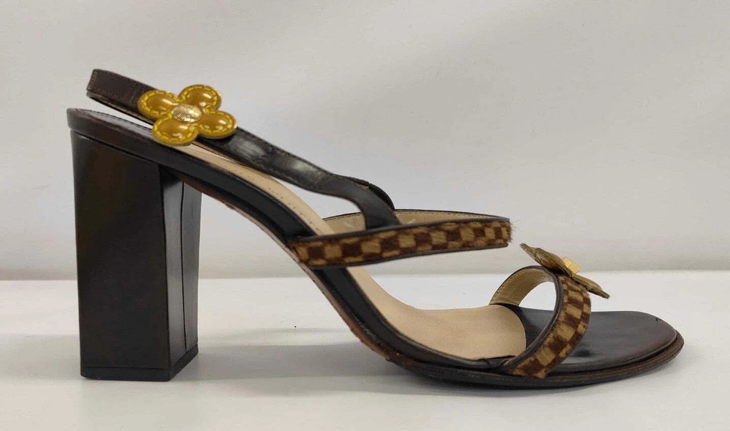 Louis Vuitton Damier Flower Sandals 37 Brown Block Heel Slingback