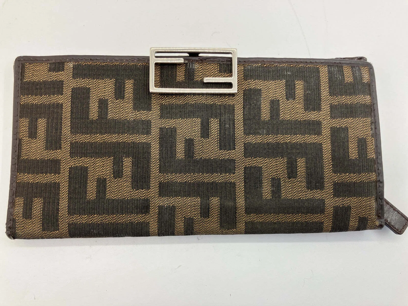 Fendi Zucca Long Wallet Brown Canvas Leather FF Logo Bifold