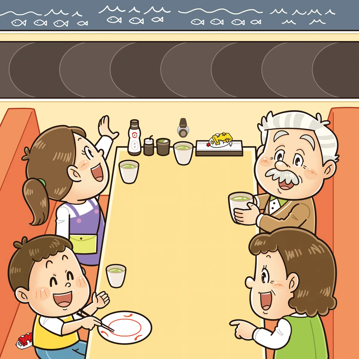 子どもが大好きなお寿司のシールブック。幼児向けの知育書。コミカルでかわいいイラストと共に楽しく学べます。イラストレーターいわたまさよし