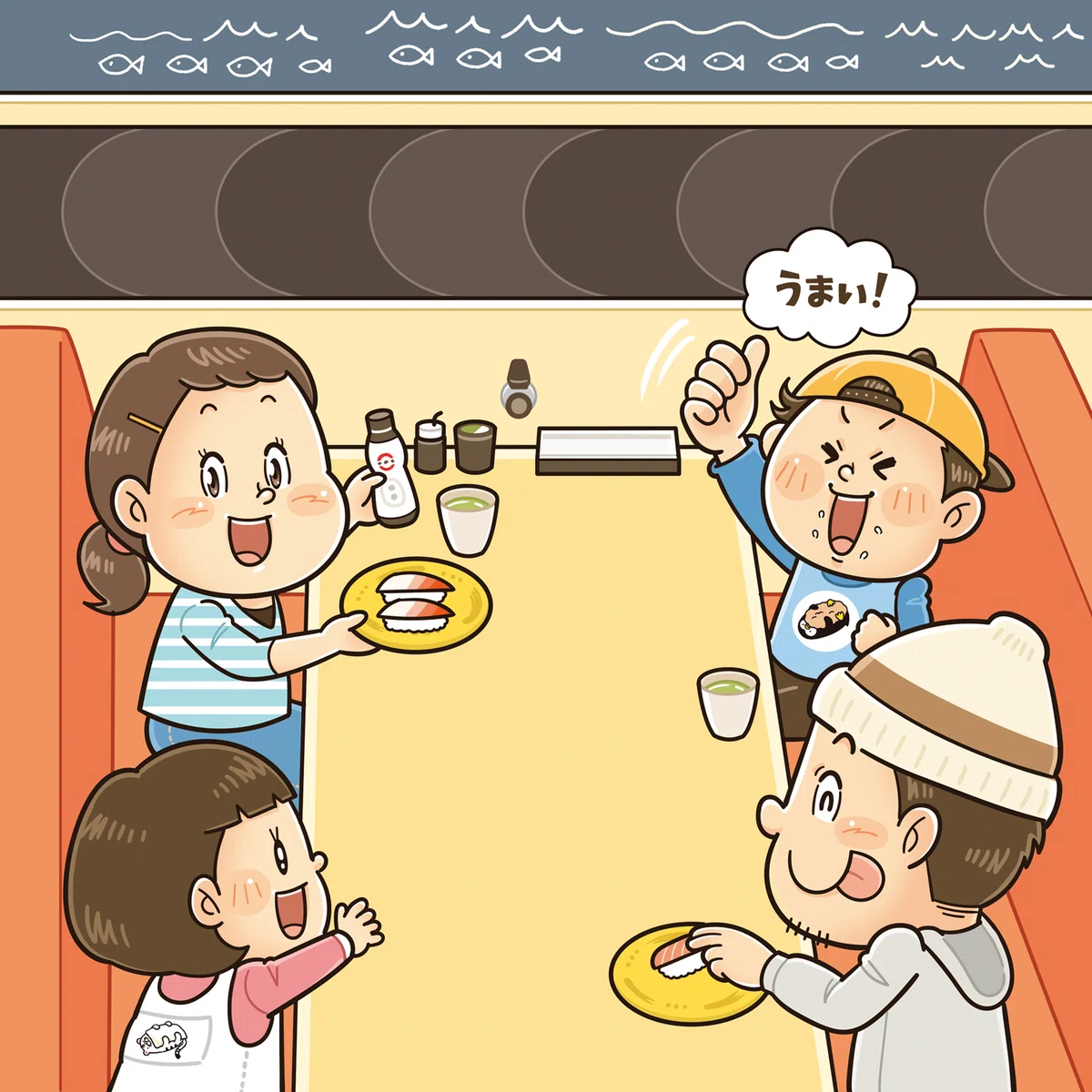 子どもが大好きなお寿司のシールブック。幼児向けの知育書。コミカルでかわいいイラストと共に楽しく学べます。イラストレーターいわたまさよし