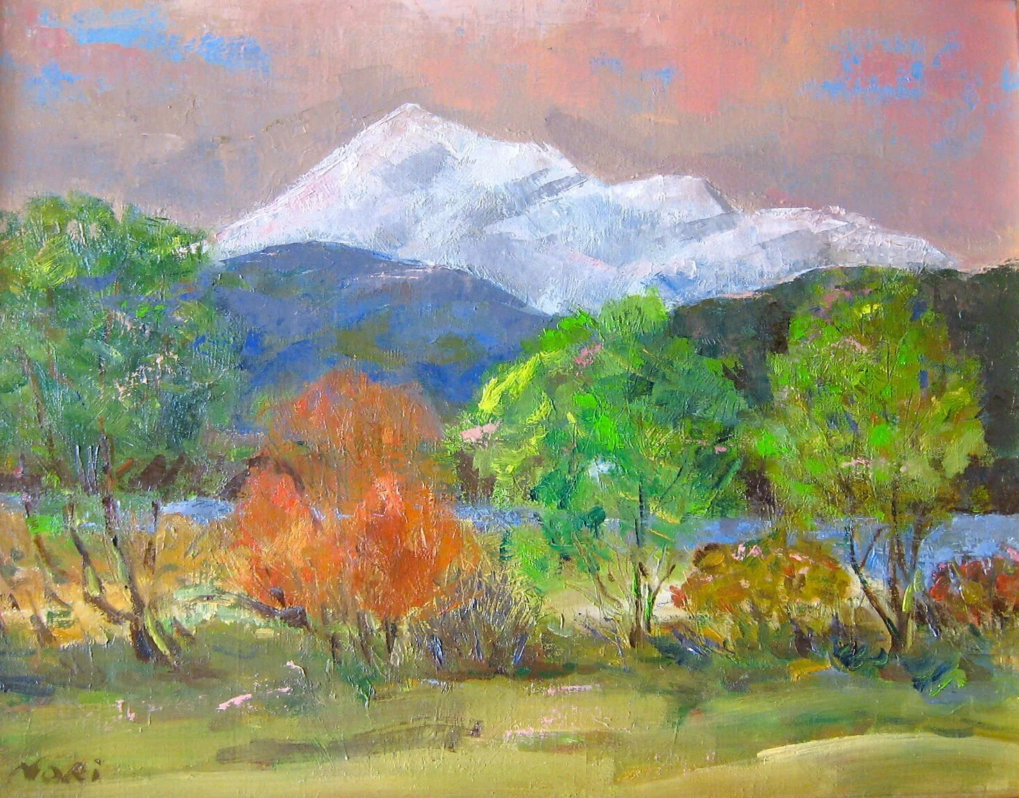油彩画（長良川畔から見た早春の伊吹山）｜続・画楽舎便り
