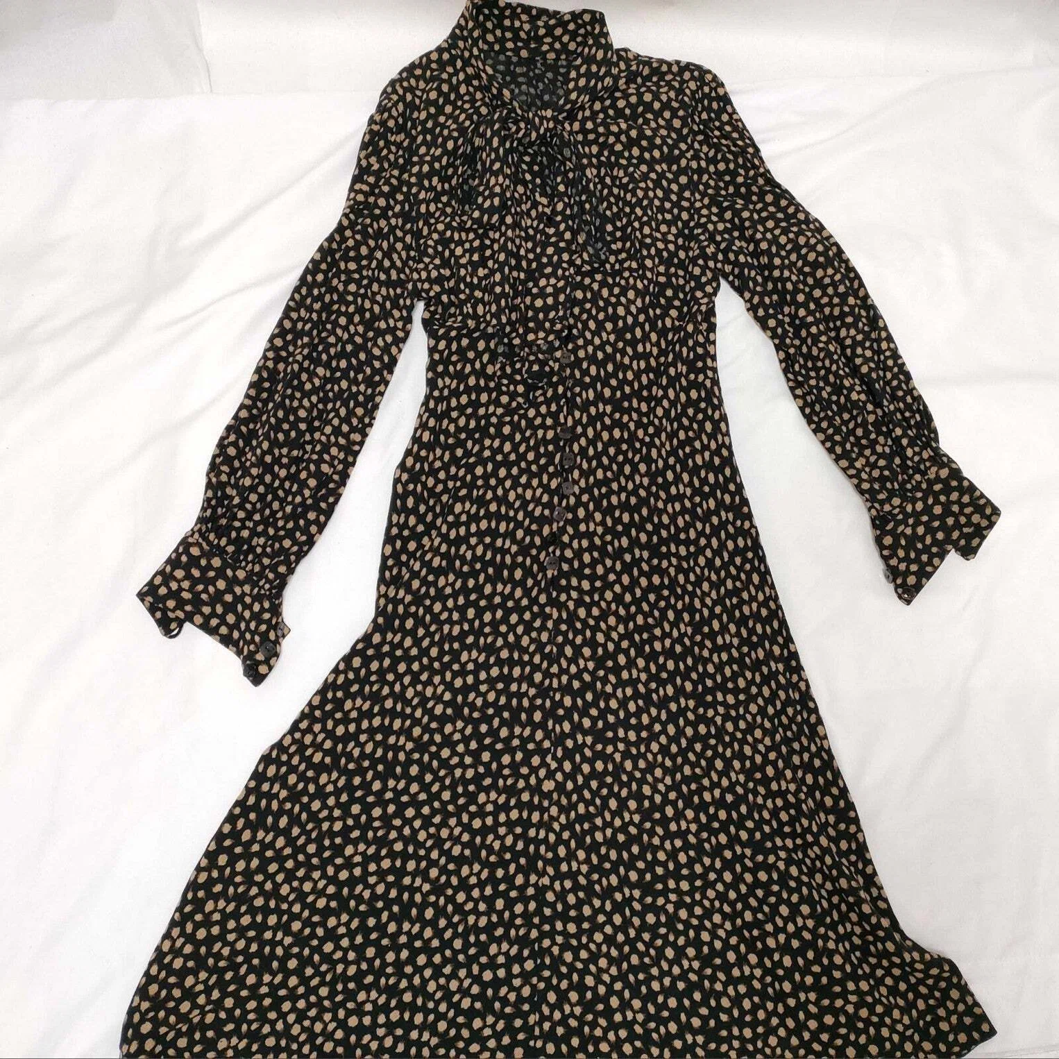 Chloé Black Patterned Dress Bow Tie Long Sleeve Women