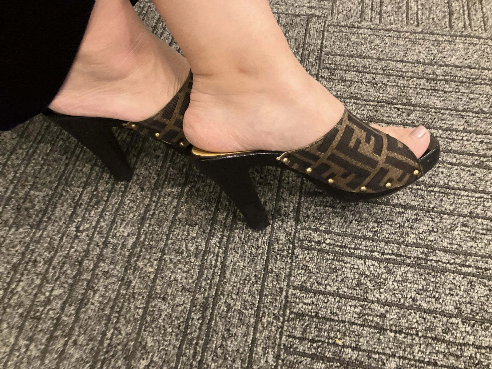 FENDI Zucca Logo Mule Heels Sandals Brown Black EU38 US7.5 JP24.1