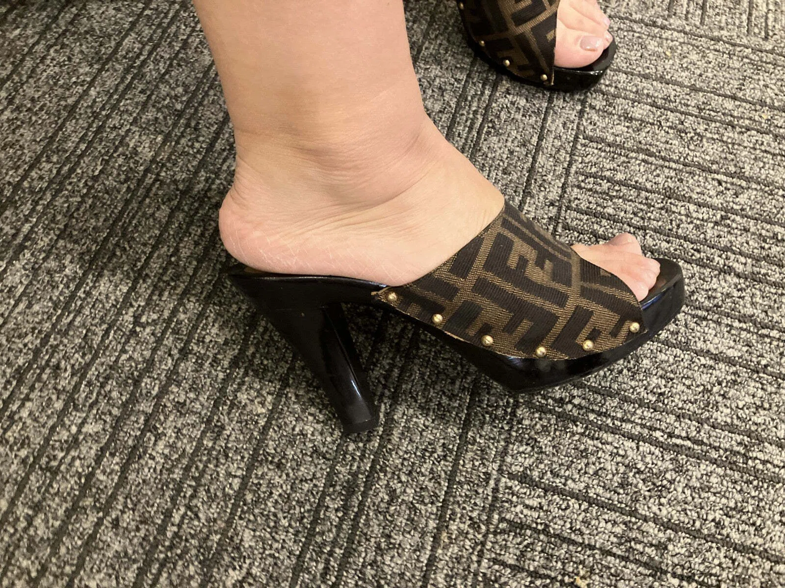 FENDI Zucca Logo Mule Heels Sandals Brown Black EU38 US7.5 JP24.1