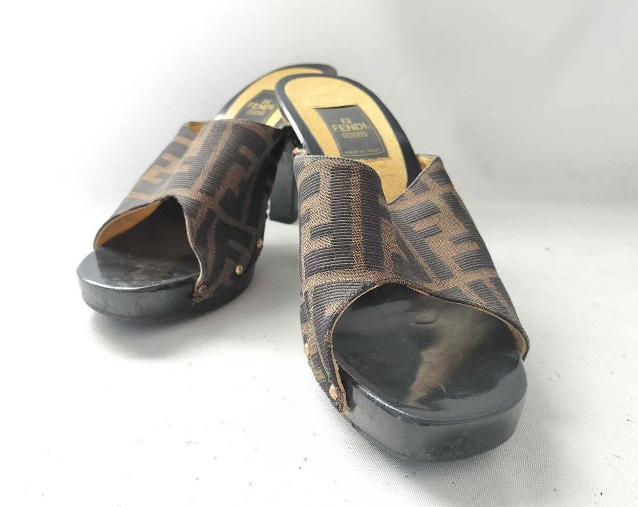 FENDI Zucca Logo Mule Heels Sandals Brown Black EU38 US7.5 JP24.1