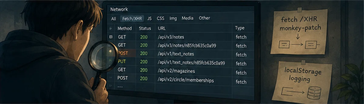 Chrome DevTools の Network panel と fetch / XHR monkey-patch を localStorage に貯める観察フロー