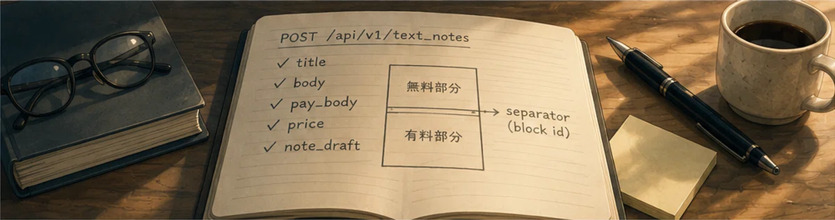 PUT /api/v1/text_notes/{id} の payload 構造 (status / name / free_body / pay_body / separator / price / note_draft の関係)