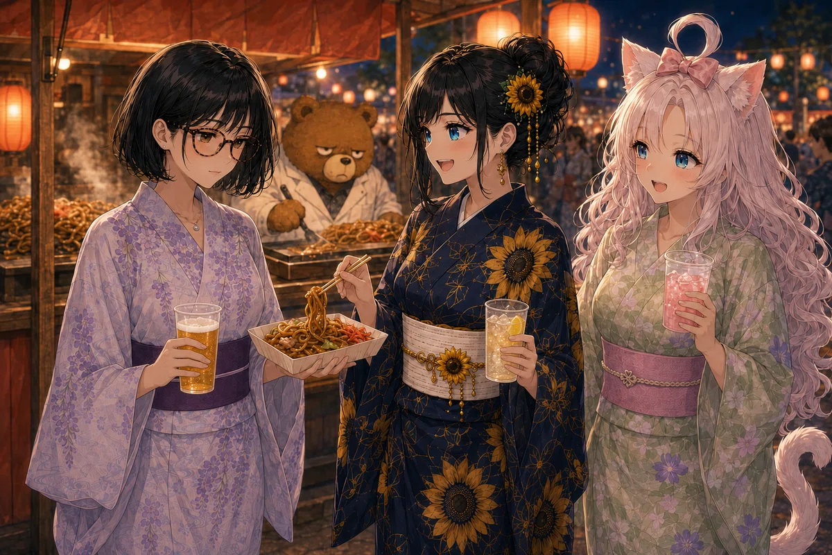 縁日で焼きそば片手に乾杯🍻 太麺もちもちっぽい❣️