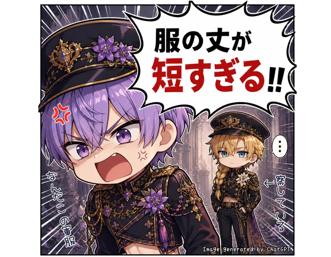 ロボットパイロット隊長(デフォルメ)が「服の丈が短すぎる!」とツッコんでいるイラスト