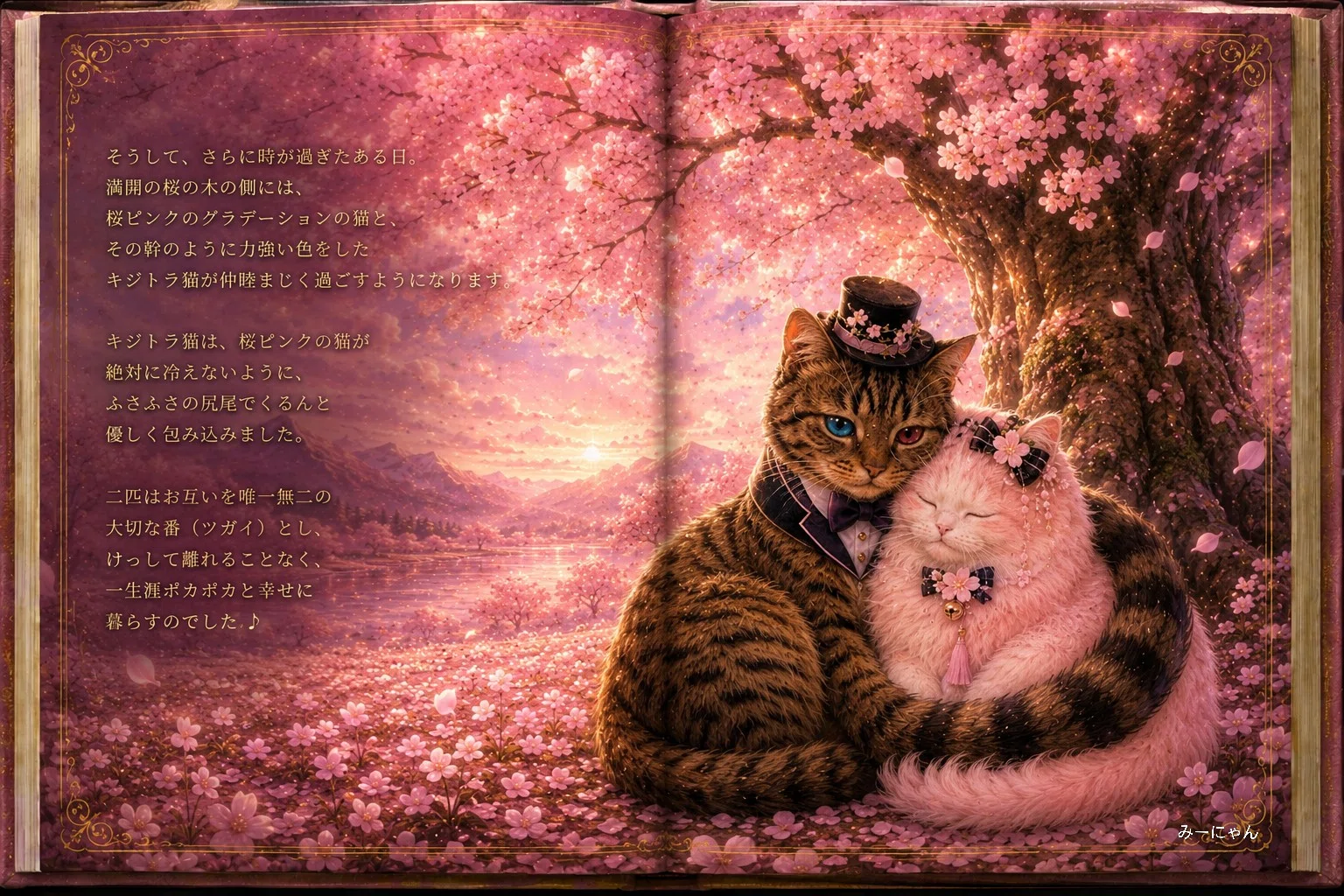 絵画。原画【2匹のかわいい猫がピンクの花の中で花の香りを感じている】 ふたりの絵本】｜水葉