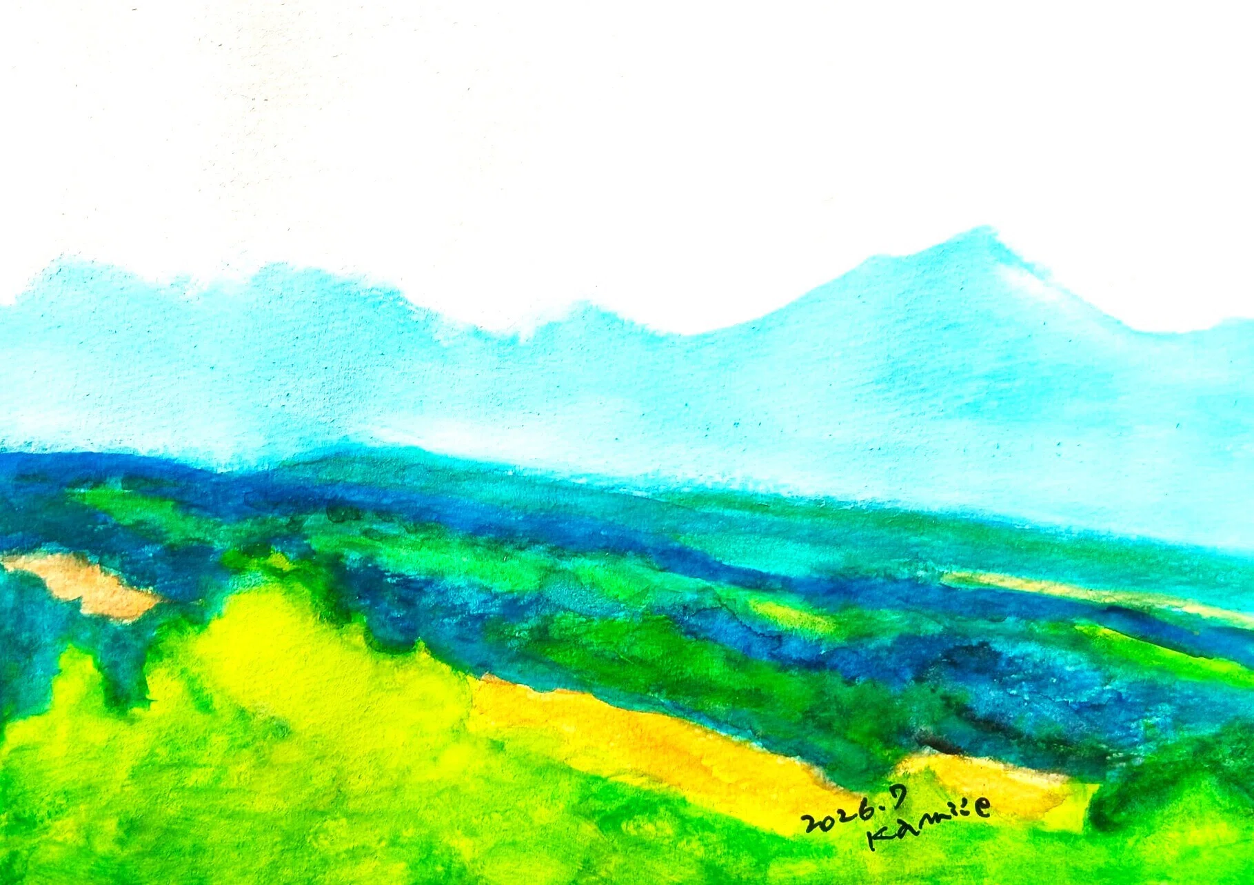 t*k様 十勝岳連峰と美瑛川の風景画(水彩画) 十勝連峰(上富良野町)｜北海道の熊おやじ〜北海道の179市町村の歴史と