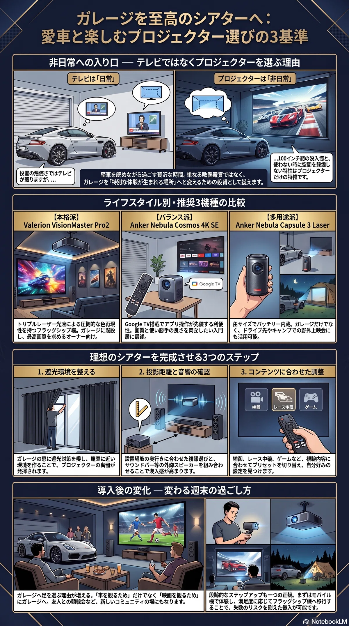 ガレージをシアターに変える高級車オーナーが、プロジェクター選びで見