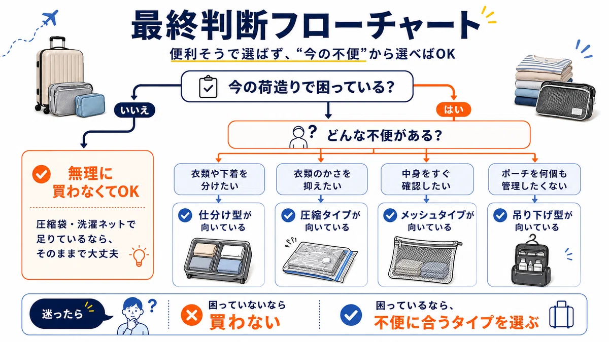 今の荷造りの悩みから、自分に合うトラベルポーチのタイプを判断できるフローチャート