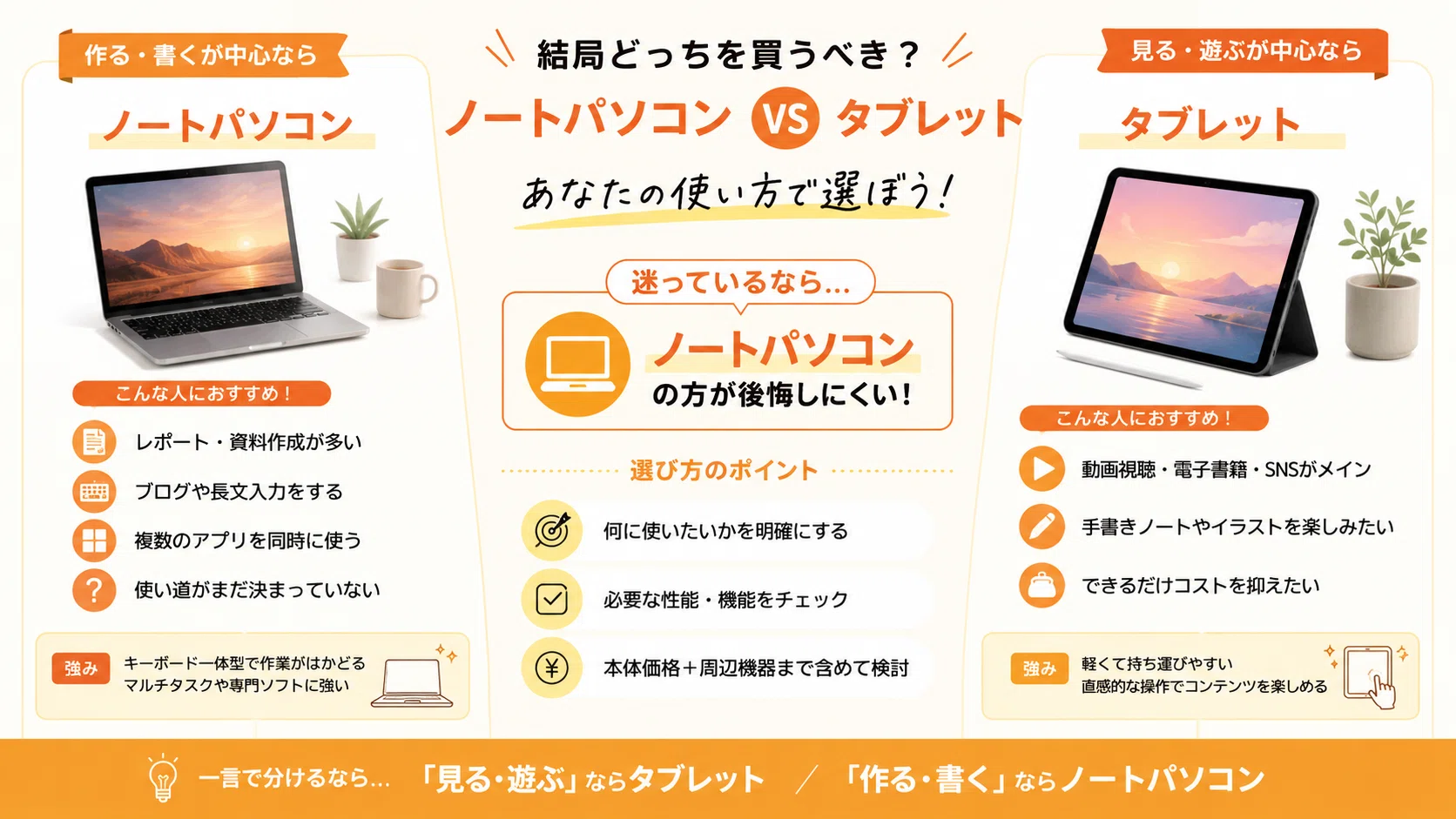 ノートパソコンとタブレットの違い｜安い方で十分？後悔しない選び方