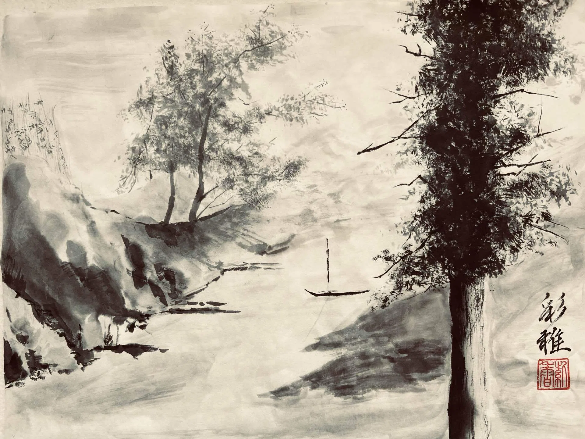 水墨画 河畔の木｜madokasora11