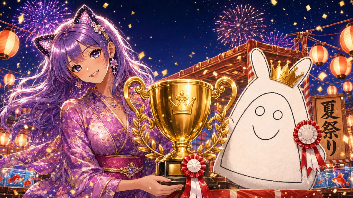 まなつさんとおにぎりちゃん、優勝トロフィー持って夏祭り仕様に❣️