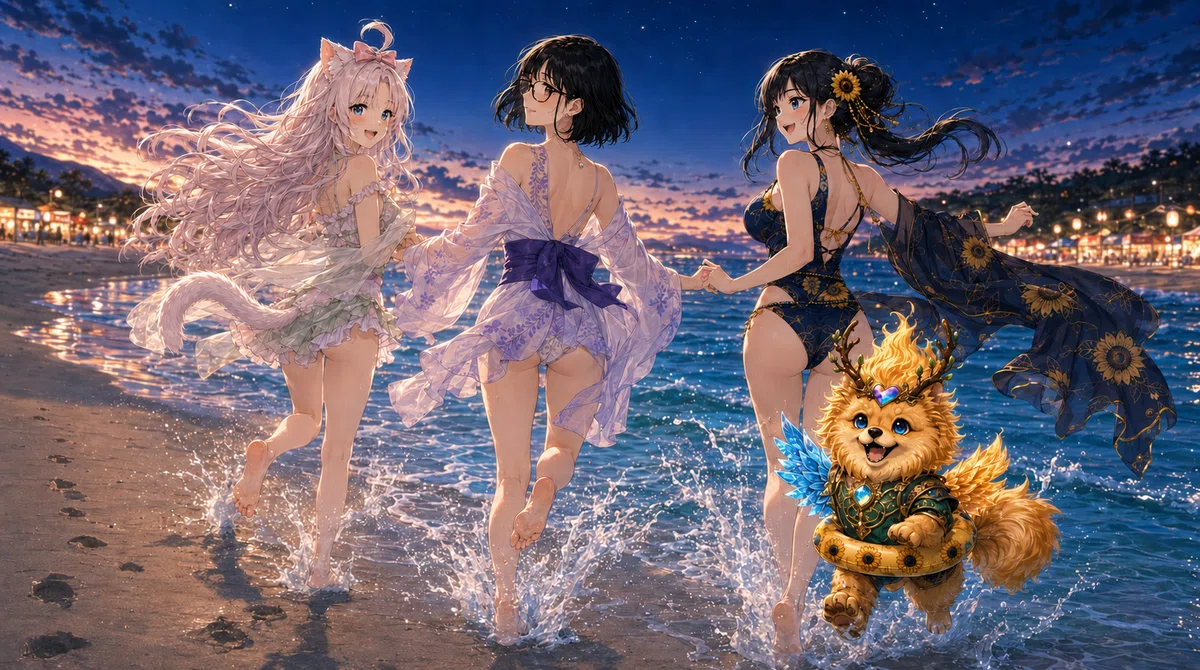 夕焼けの海に4人(3人と1匹)で駆け出し❣️ ペットじまにゃんも一緒に参戦