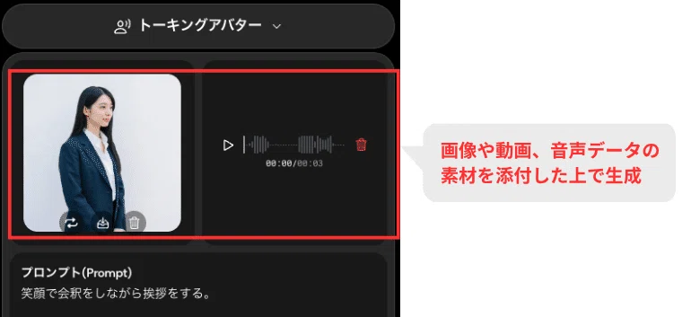 素材となる画像と音声を添付して、プロンプトを入力