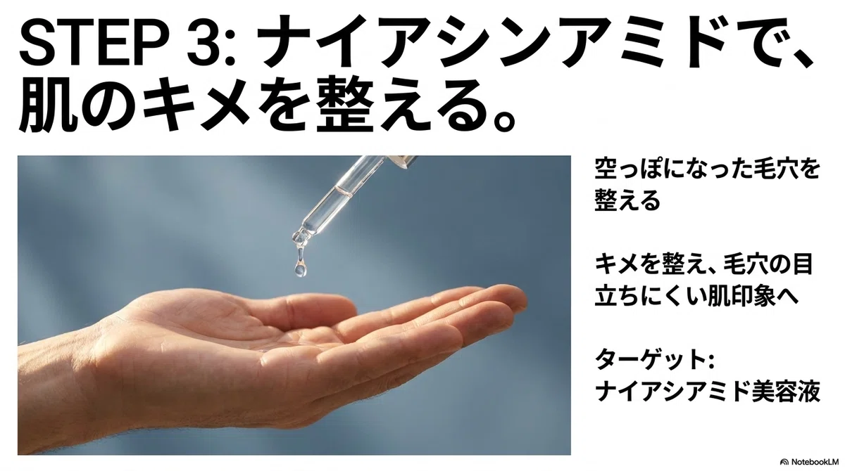 角栓の押し出しやめられない:ステップ3:ナイアシンアミド美容液で毛穴の目立ちにくい肌印象への図解