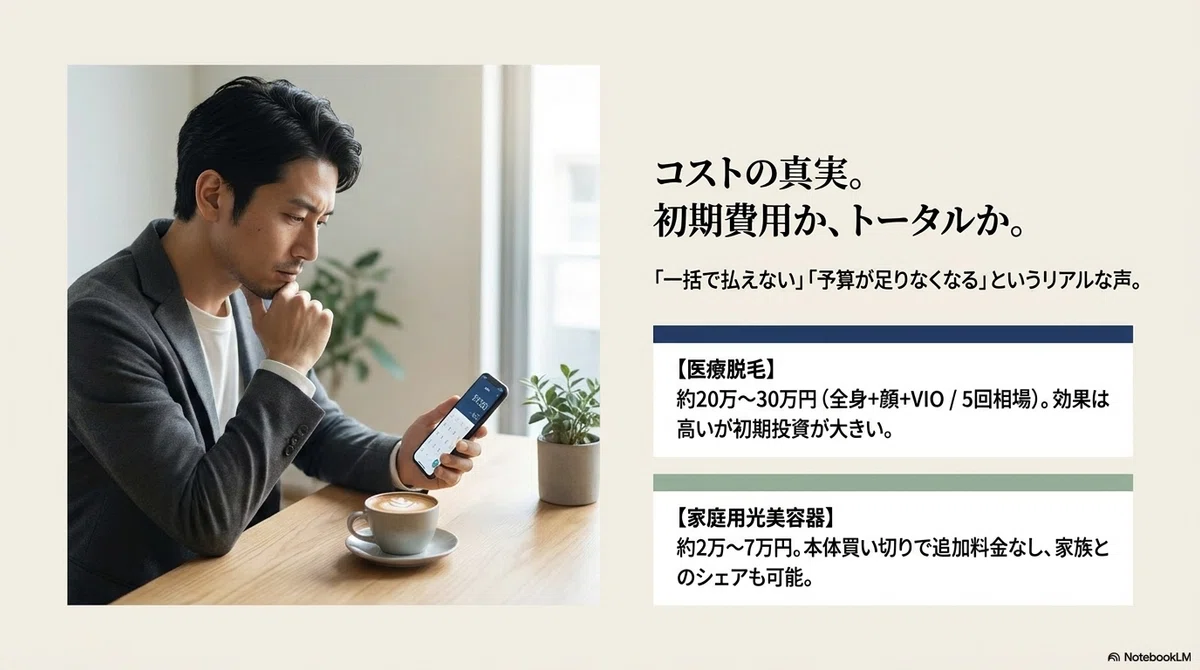 医療脱毛か家庭用光美容器か:費用で比べてみる:医療脱毛 vs 家庭用光美容器の比較表