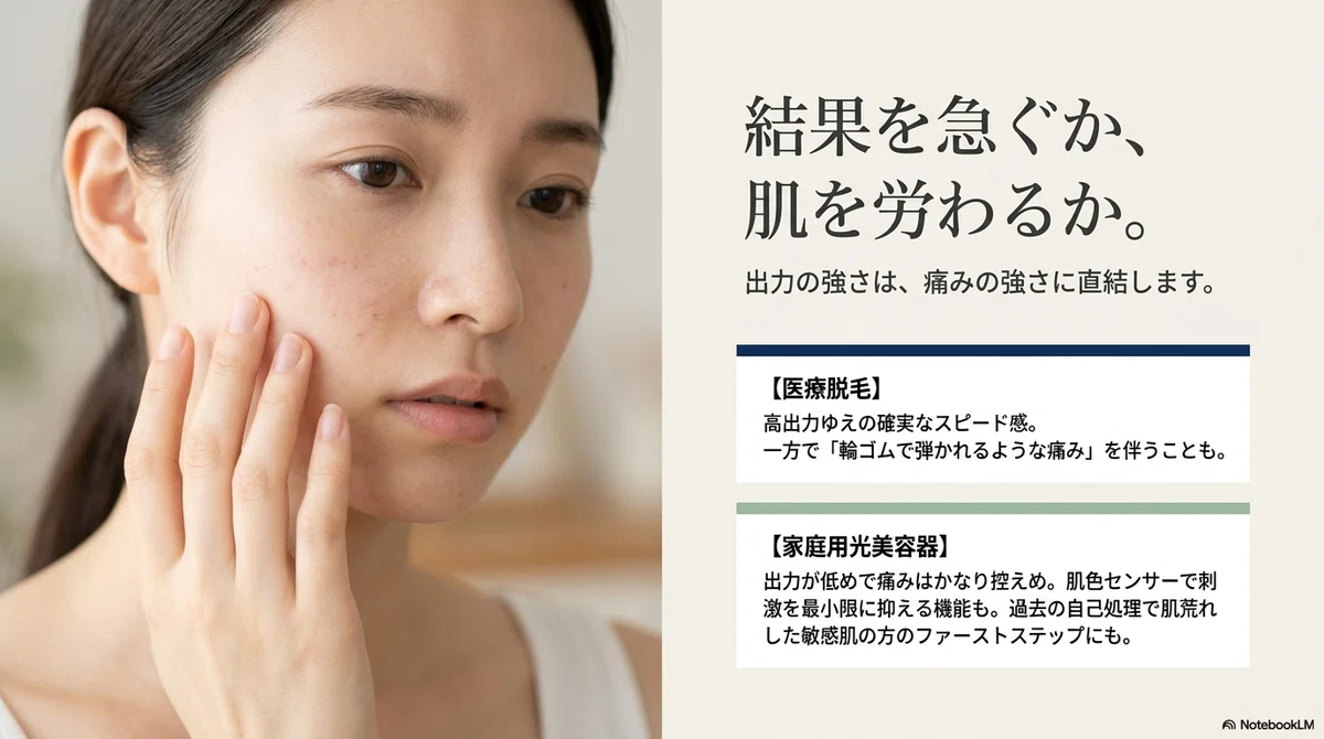 医療脱毛か家庭用光美容器か:痛みと肌への負担、正直どっちがつらい