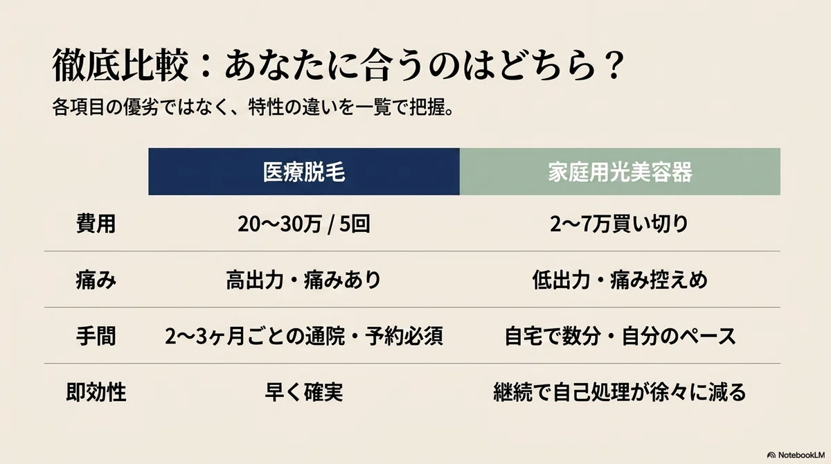医療脱毛か家庭用光美容器か:費用で比べてみる:医療脱毛 vs 家庭用光美容器の比較表(その2)