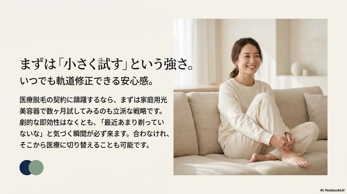 医療脱毛か家庭用光美容器か:「まず試してみる」という選択肢の強さの図解