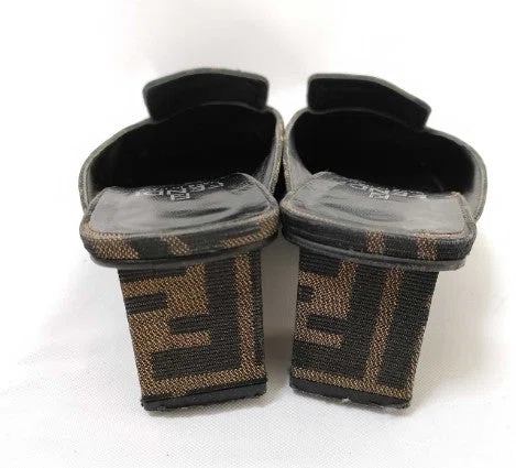 Fendi Zucca Mules Heels Brown Canvas Slide Pumps EU35 US5.5 Block