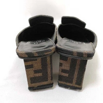 Fendi Zucca Mules Heels Brown Canvas Slide Pumps EU35 US5.5 Block 