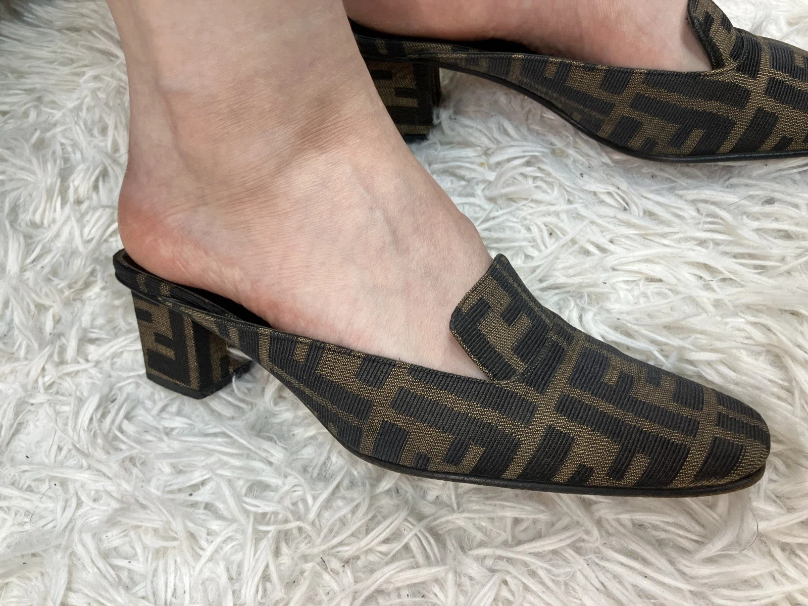 FENDIズッカ柄ミュール Fendi Zucca Mules Heels Brown Canvas Slide Pumps EU35 US5.5 Block