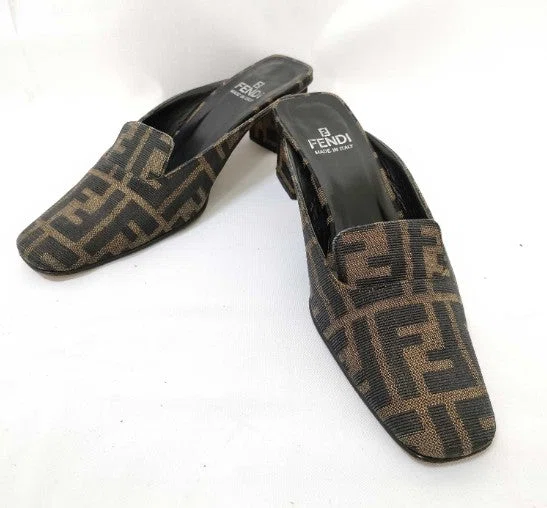 Fendi Zucca Mules Heels Brown Canvas Slide Pumps EU35 US5.5 Block